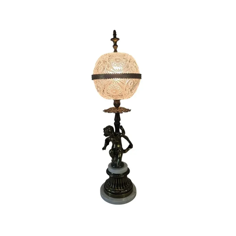 Pair Vintage Hollywood Regency Cherub Crystal Globe Table Lamps Brass Marble